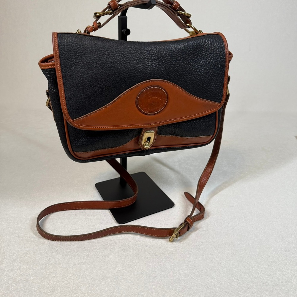 Dooney & Bourke Black Brown Leather Satchel Crossbody Bag Flap Lock USA